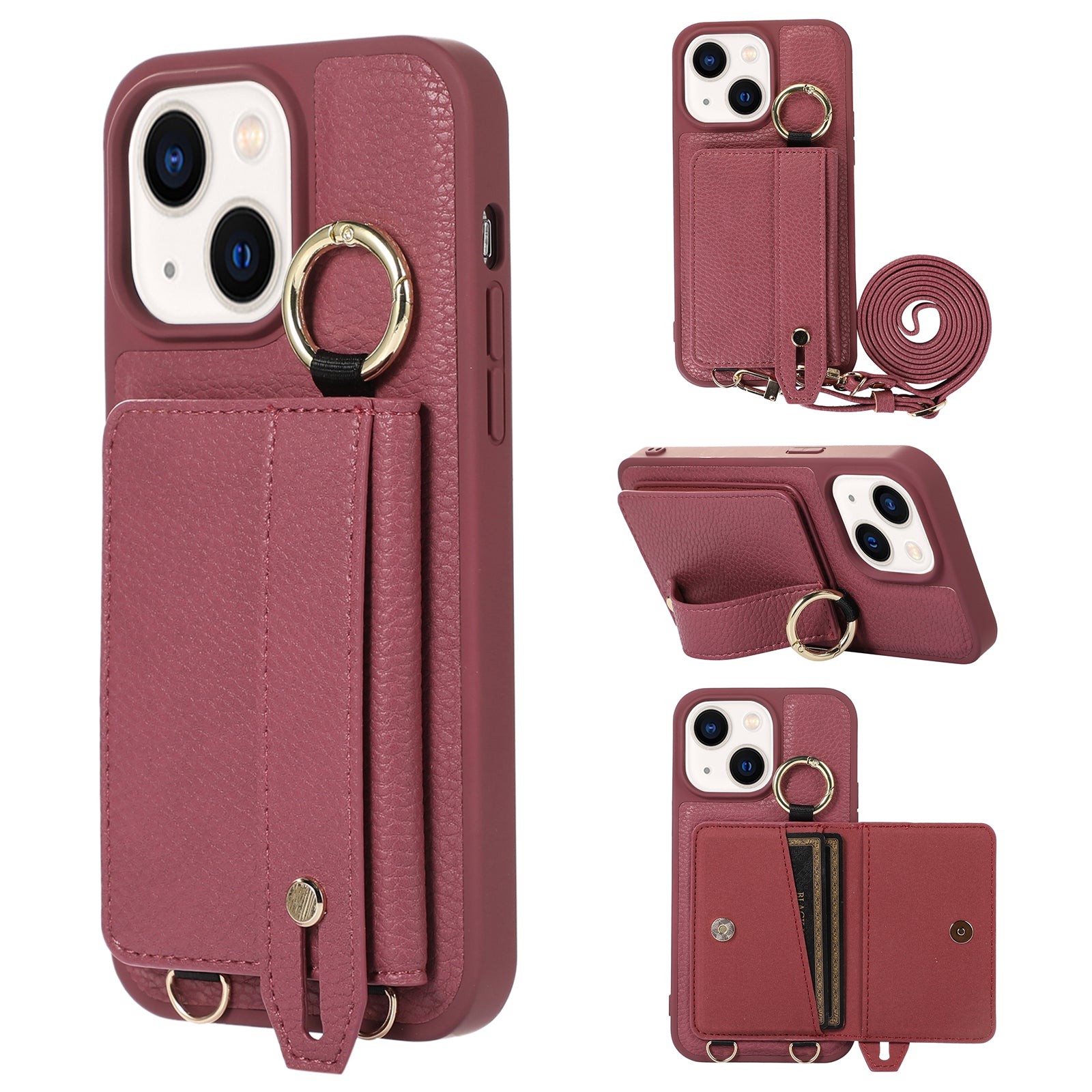 Anti-drop Cover for iPhone 14 Plus Card Holder Hand Strap Leather TPU Phone Kickstand Case with Shoulder Strap Anti-drop Cover for iPhone 14 Plus Card Holder Hand Strap Leather TPU Phone Kickstand Case with Shoulder Strap